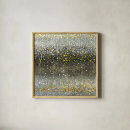 Abstract Rain Yellow Gray by Danhui Nai. Shown in a natural wood glass frame for a timeless modern aesthetic. Available as an archival giclee rolled canvas, fine art paper, or poster print. SKU 56015a.