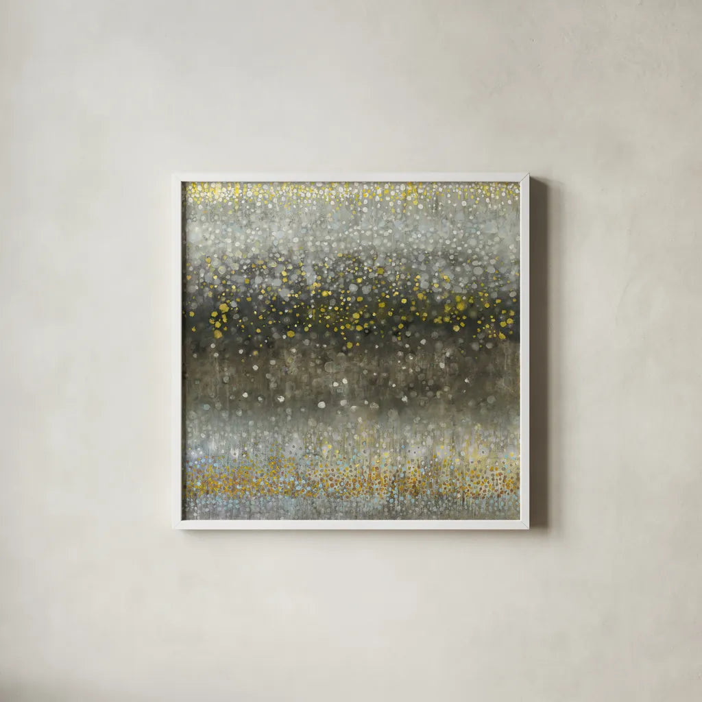 Abstract Rain Yellow Gray by Danhui Nai. Shown in a crisp white glass frame for a clean and minimalist style. Available as an archival giclee rolled canvas, fine art paper, or poster print. SKU 56015a.