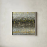 Abstract Rain Yellow Gray by Danhui Nai. Shown in a crisp white glass frame for a clean and minimalist style. Available as an archival giclee rolled canvas, fine art paper, or poster print. SKU 56015a.