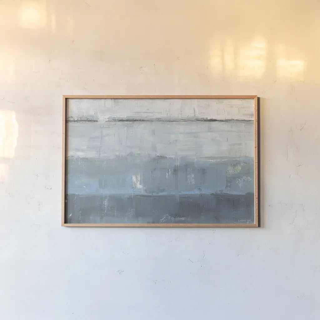 Abstract Seascape by Danhui Nai. shown as a paper print in a natural frame. Available as a archival giclee rolled canvas, fine art paper, or poster print. SKU 99340i.