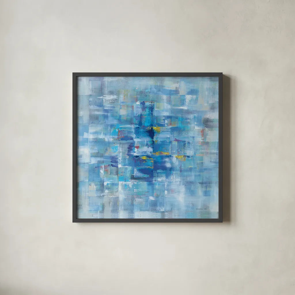 Abstract Squares Blue by Danhui Nai. Shown in a sleek black glass frame for a contemporary gallery look. Available as an archival giclee rolled canvas, fine art paper, or poster print. SKU 49976a.