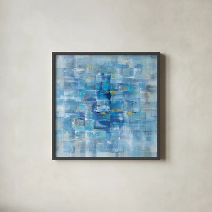 Abstract Squares Blue by Danhui Nai. Shown in a sleek black glass frame for a contemporary gallery look. Available as an archival giclee rolled canvas, fine art paper, or poster print. SKU 49976a.