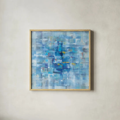 Abstract Squares Blue by Danhui Nai. Shown in a natural wood glass frame for a timeless modern aesthetic. Available as an archival giclee rolled canvas, fine art paper, or poster print. SKU 49976a.