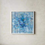 Abstract Squares Blue by Danhui Nai. Shown in a crisp white glass frame for a clean and minimalist style. Available as an archival giclee rolled canvas, fine art paper, or poster print. SKU 49976a.