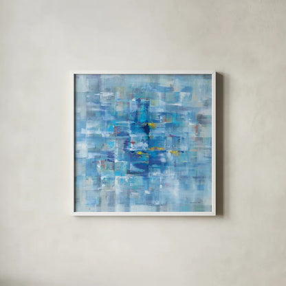 Abstract Squares Blue by Danhui Nai. Shown in a crisp white glass frame for a clean and minimalist style. Available as an archival giclee rolled canvas, fine art paper, or poster print. SKU 49976a.