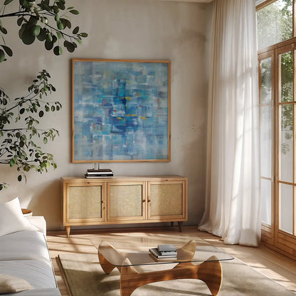 Abstract Squares Blue by Danhui Nai. Shown in a natural wood frame in a cozy modern living room. Available as an archival giclee rolled canvas, fine art paper, or poster print. SKU 49976a.