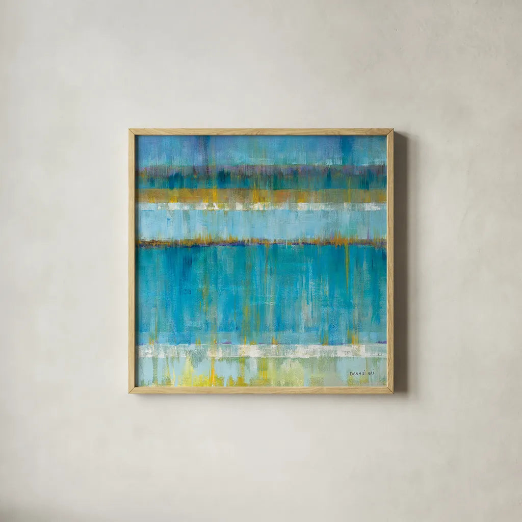 Abstract Stripes by Danhui Nai. Shown in a natural wood glass frame for a timeless modern aesthetic. Available as an archival giclee rolled canvas, fine art paper, or poster print. SKU 20582a.