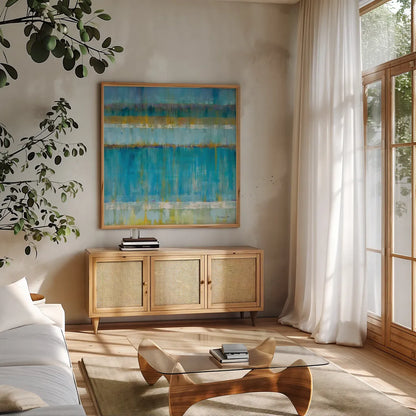 Abstract Stripes by Danhui Nai. Shown in a natural wood frame in a cozy modern living room. Available as an archival giclee rolled canvas, fine art paper, or poster print. SKU 20582a.