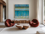 Abstract Stripes by Danhui Nai. Shown as extra-large giant wall art in a modern living room. Available as an archival giclee rolled canvas, fine art paper, or poster print. SKU 20582a.