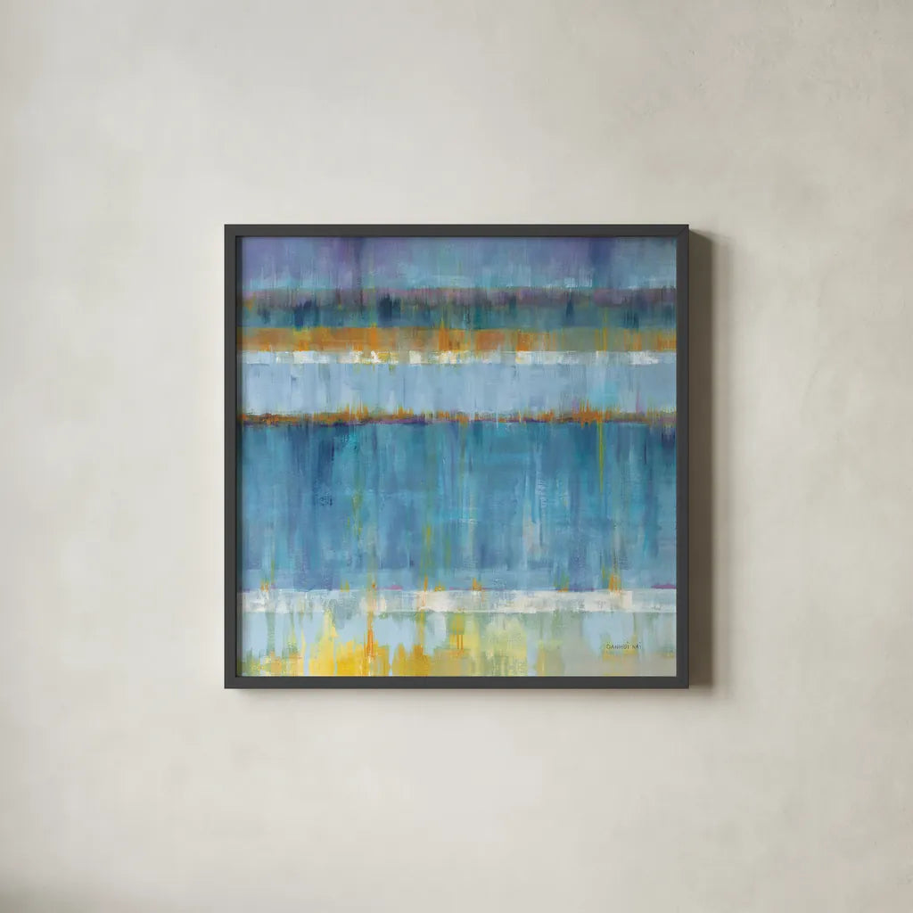 Abstract Stripes Blue by Danhui Nai. Shown in a sleek black glass frame for a contemporary gallery look. Available as an archival giclee rolled canvas, fine art paper, or poster print. SKU 49977a.
