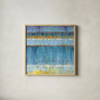 Abstract Stripes Blue by Danhui Nai. Shown in a natural wood glass frame for a timeless modern aesthetic. Available as an archival giclee rolled canvas, fine art paper, or poster print. SKU 49977a.