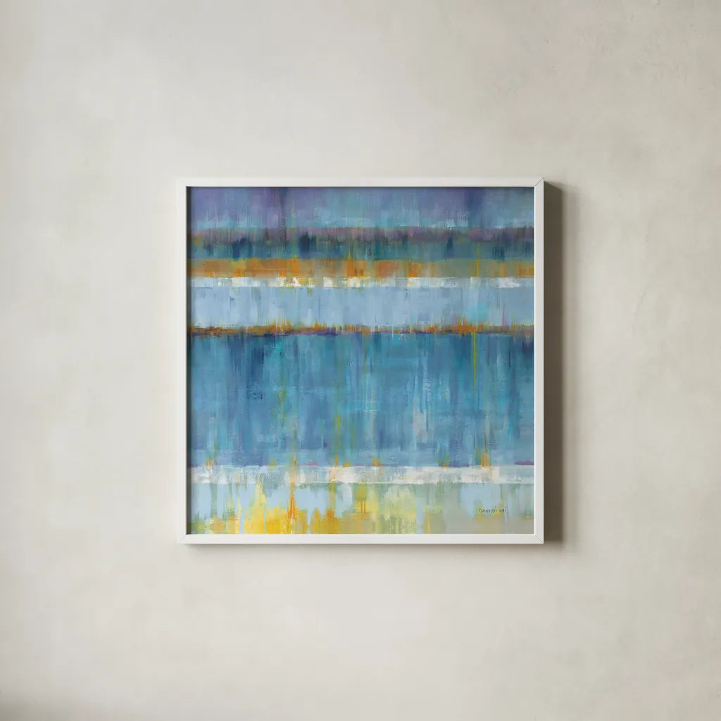Abstract Stripes Blue by Danhui Nai. Shown in a crisp white glass frame for a clean and minimalist style. Available as an archival giclee rolled canvas, fine art paper, or poster print. SKU 49977a.