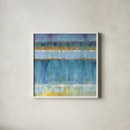 Abstract Stripes Blue by Danhui Nai. Shown in a crisp white glass frame for a clean and minimalist style. Available as an archival giclee rolled canvas, fine art paper, or poster print. SKU 49977a.