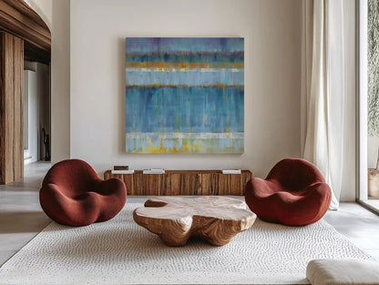 Abstract Stripes Blue by Danhui Nai. Shown as extra-large giant wall art in a modern living room. Available as an archival giclee rolled canvas, fine art paper, or poster print. SKU 49977a.