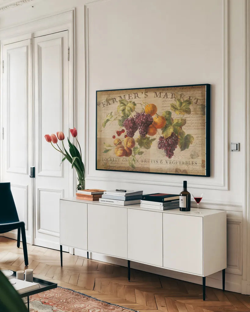 Abundant Fall by Danhui Nai. shown as a framed stretched canvas in a living room above a console. Available as a archival giclee rolled canvas, fine art paper, or poster print. SKU 15663i.