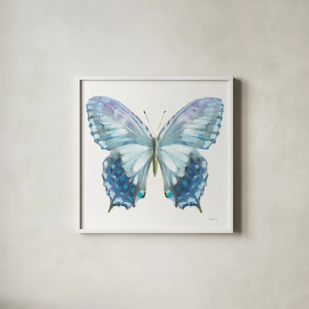 Aflutter I by Danhui Nai. Shown in a crisp white glass frame for a clean and minimalist style. Available as an archival giclee rolled canvas, fine art paper, or poster print. SKU 81360a.