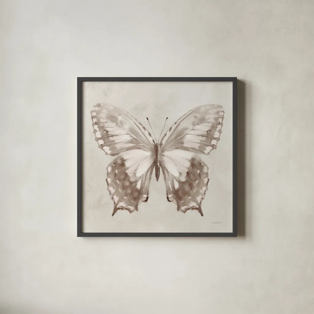 Aflutter I Neutral by Danhui Nai. Shown in a sleek black glass frame for a contemporary gallery look. Available as an archival giclee rolled canvas, fine art paper, or poster print. SKU 93721a.