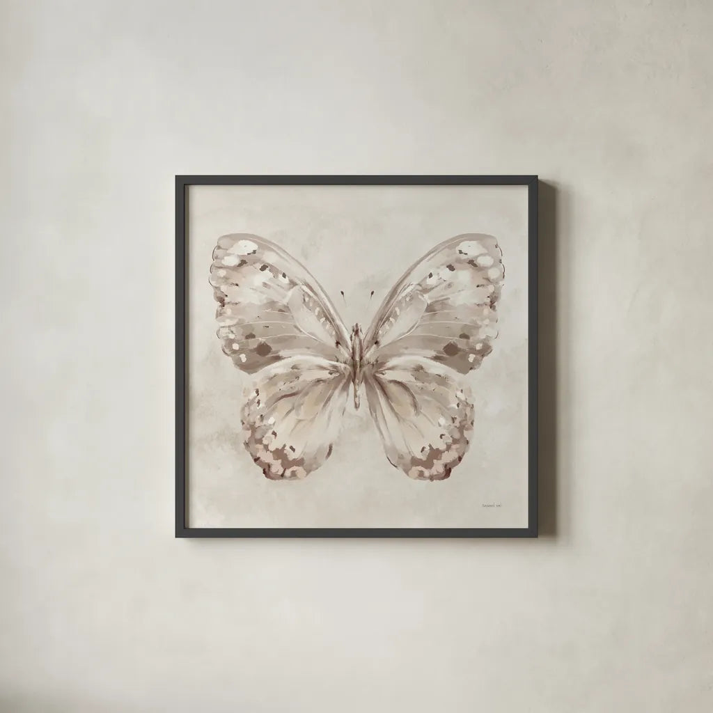 Aflutter II Neutral by Danhui Nai. Shown in a sleek black glass frame for a contemporary gallery look. Available as an archival giclee rolled canvas, fine art paper, or poster print. SKU 93722a.