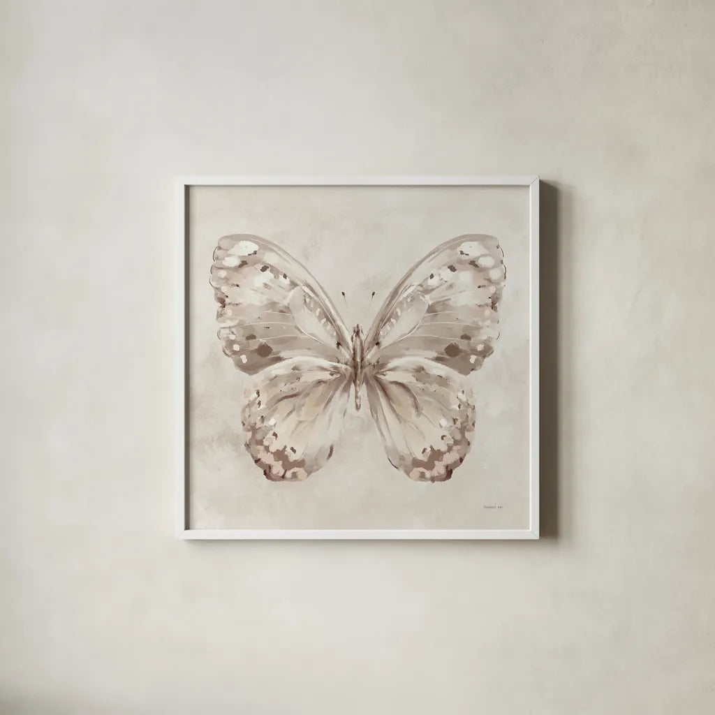 Aflutter II Neutral by Danhui Nai. Shown in a crisp white glass frame for a clean and minimalist style. Available as an archival giclee rolled canvas, fine art paper, or poster print. SKU 93722a.