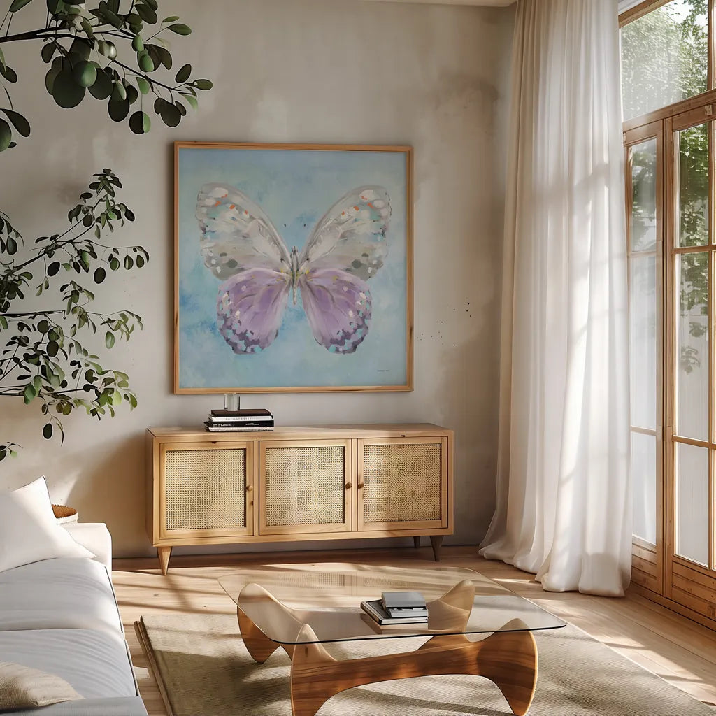 Aflutter II Watercolor by Danhui Nai. Shown in a natural wood frame in a cozy modern living room. Available as an archival giclee rolled canvas, fine art paper, or poster print. SKU 83619a.