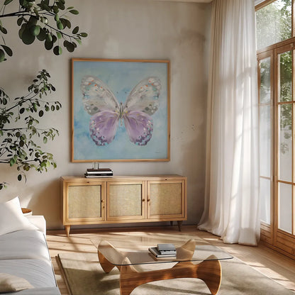 Aflutter II Watercolor by Danhui Nai. Shown in a natural wood frame in a cozy modern living room. Available as an archival giclee rolled canvas, fine art paper, or poster print. SKU 83619a.