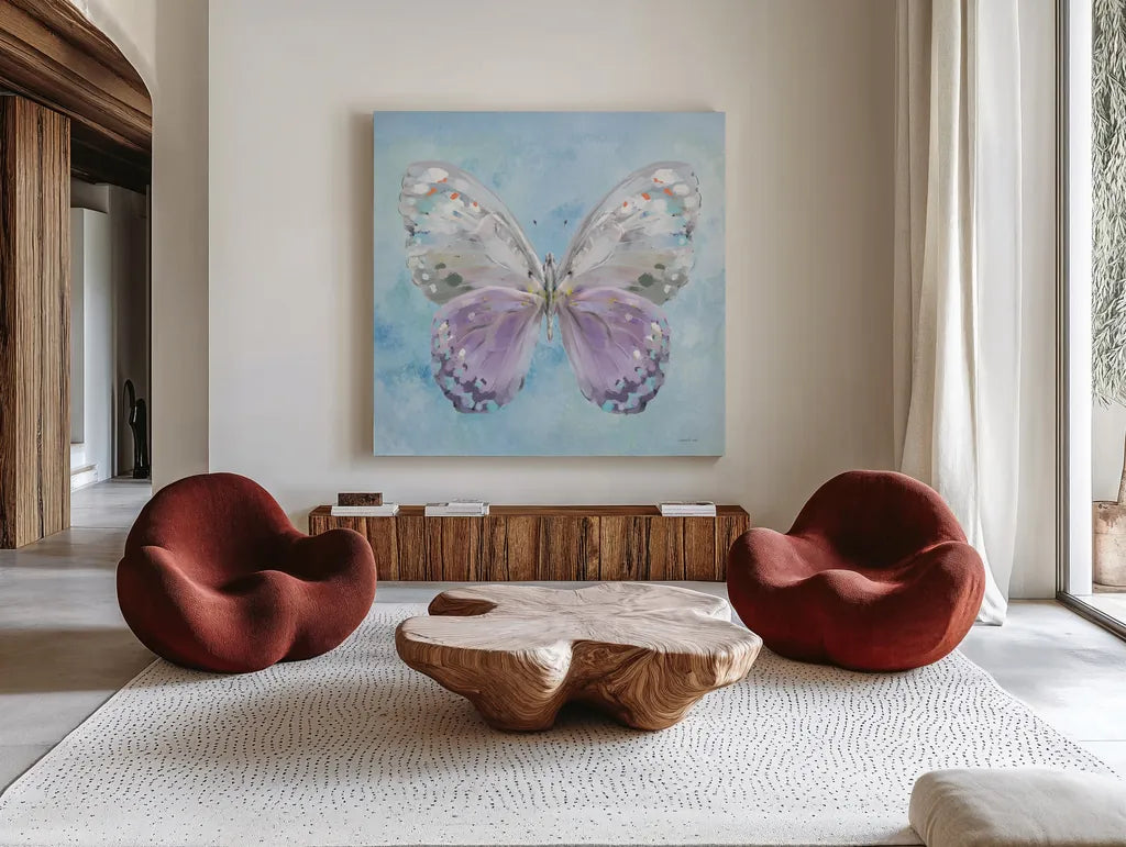 Aflutter II Watercolor by Danhui Nai. Shown as extra-large giant wall art in a modern living room. Available as an archival giclee rolled canvas, fine art paper, or poster print. SKU 83619a.