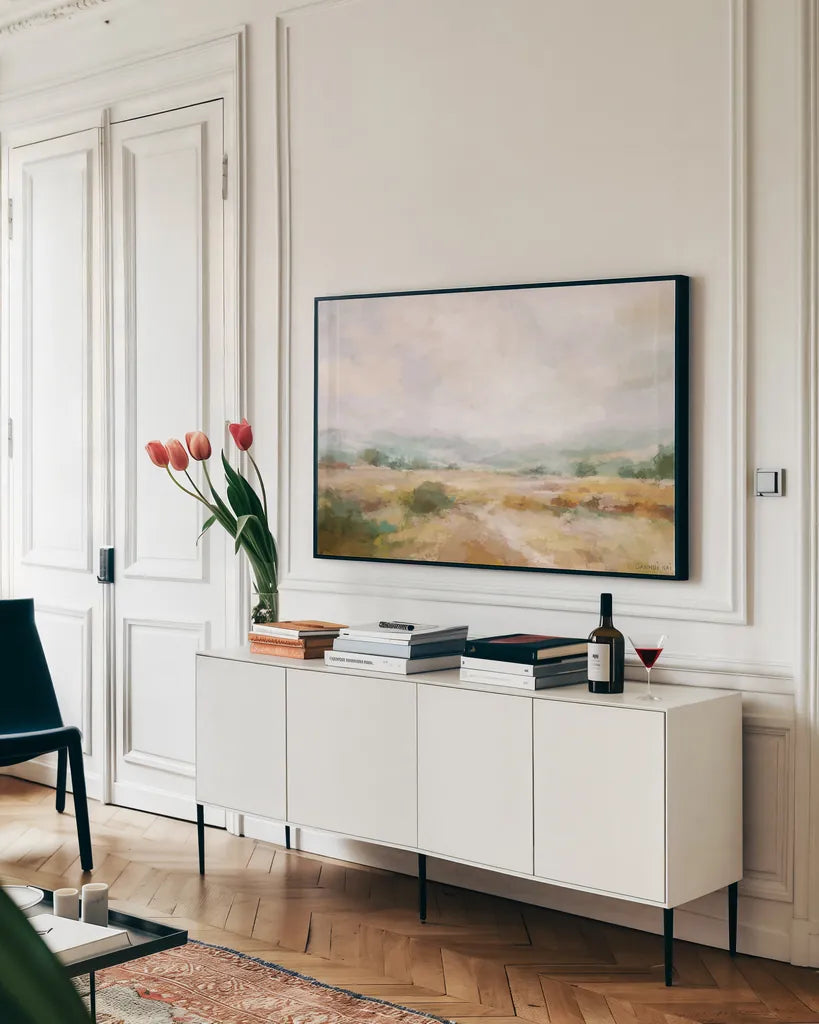 Afternoon Glow by Danhui Nai. shown as a framed stretched canvas in a living room above a console. Available as a archival giclee rolled canvas, fine art paper, or poster print. SKU 100080i.