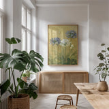Agapanthus II by Danhui Nai. shown as a print in a natural wood frame in a dining room. Available as a archival giclee rolled canvas, fine art paper, or poster print. SKU 5199h.