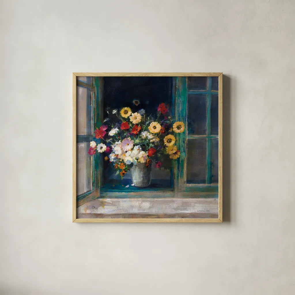 All Abloom by Danhui Nai. Shown in a natural wood glass frame for a timeless modern aesthetic. Available as an archival giclee rolled canvas, fine art paper, or poster print. SKU 68644a.