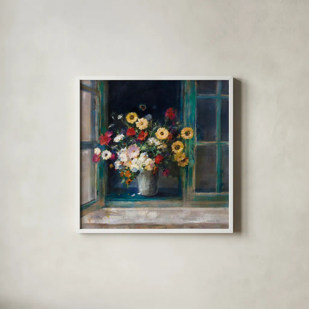 All Abloom by Danhui Nai. Shown in a crisp white glass frame for a clean and minimalist style. Available as an archival giclee rolled canvas, fine art paper, or poster print. SKU 68644a.