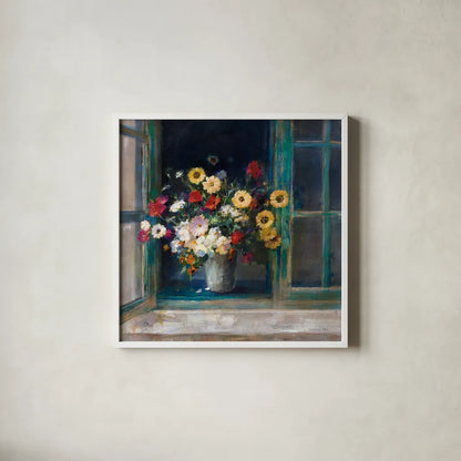 All Abloom by Danhui Nai. Shown in a crisp white glass frame for a clean and minimalist style. Available as an archival giclee rolled canvas, fine art paper, or poster print. SKU 68644a.