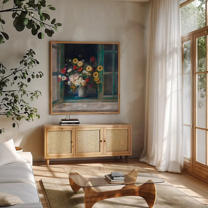 All Abloom by Danhui Nai. Shown in a natural wood frame in a cozy modern living room. Available as an archival giclee rolled canvas, fine art paper, or poster print. SKU 68644a.