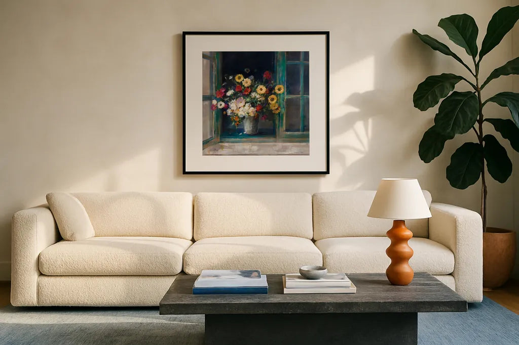 All Abloom by Danhui Nai. Displayed in a glass frame with matte in a clean modern living room. Available as an archival giclee rolled canvas, fine art paper, or poster print. SKU 68644a.