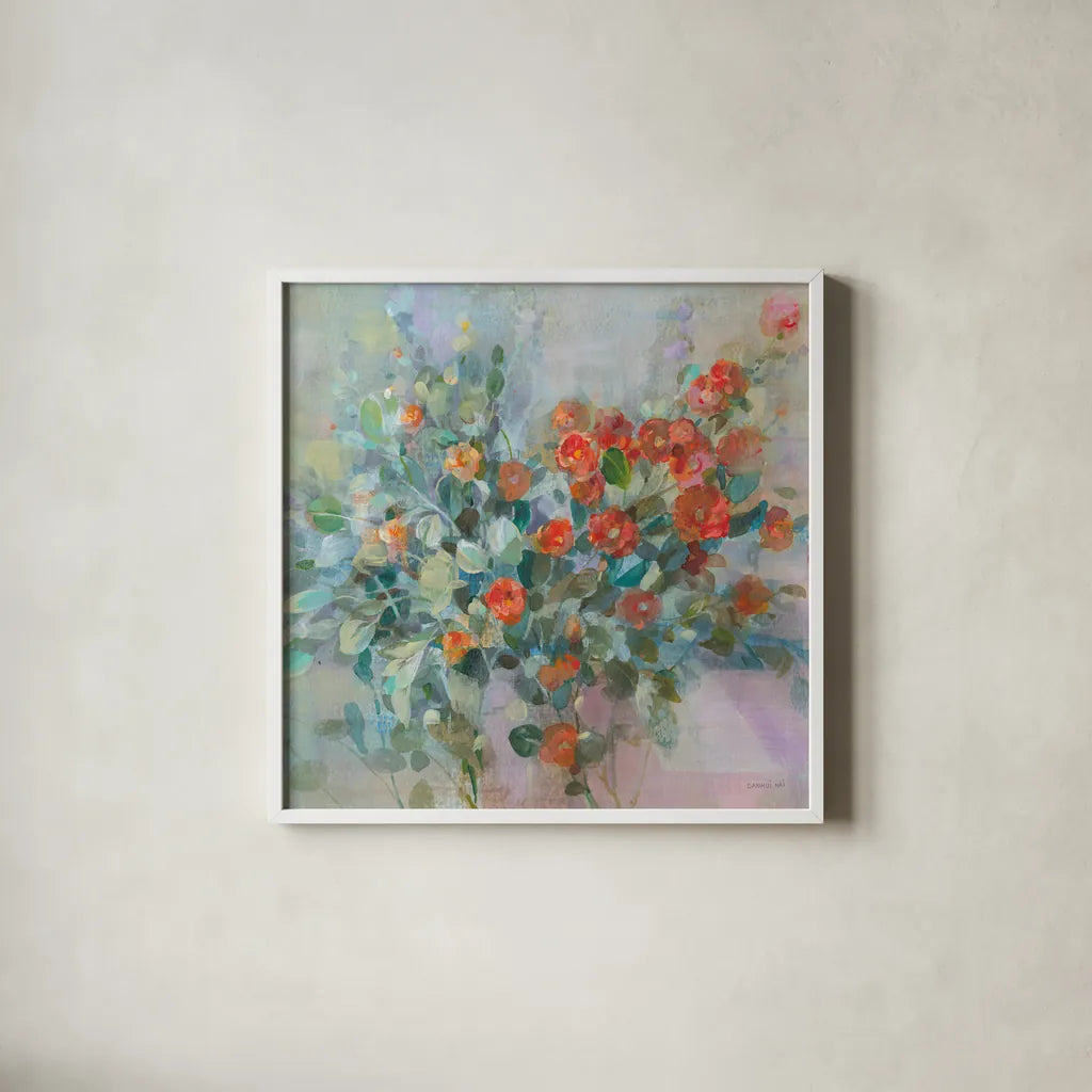 All the Blooming Crop by Danhui Nai. Shown in a crisp white glass frame for a clean and minimalist style. Available as an archival giclee rolled canvas, fine art paper, or poster print. SKU 65689a.