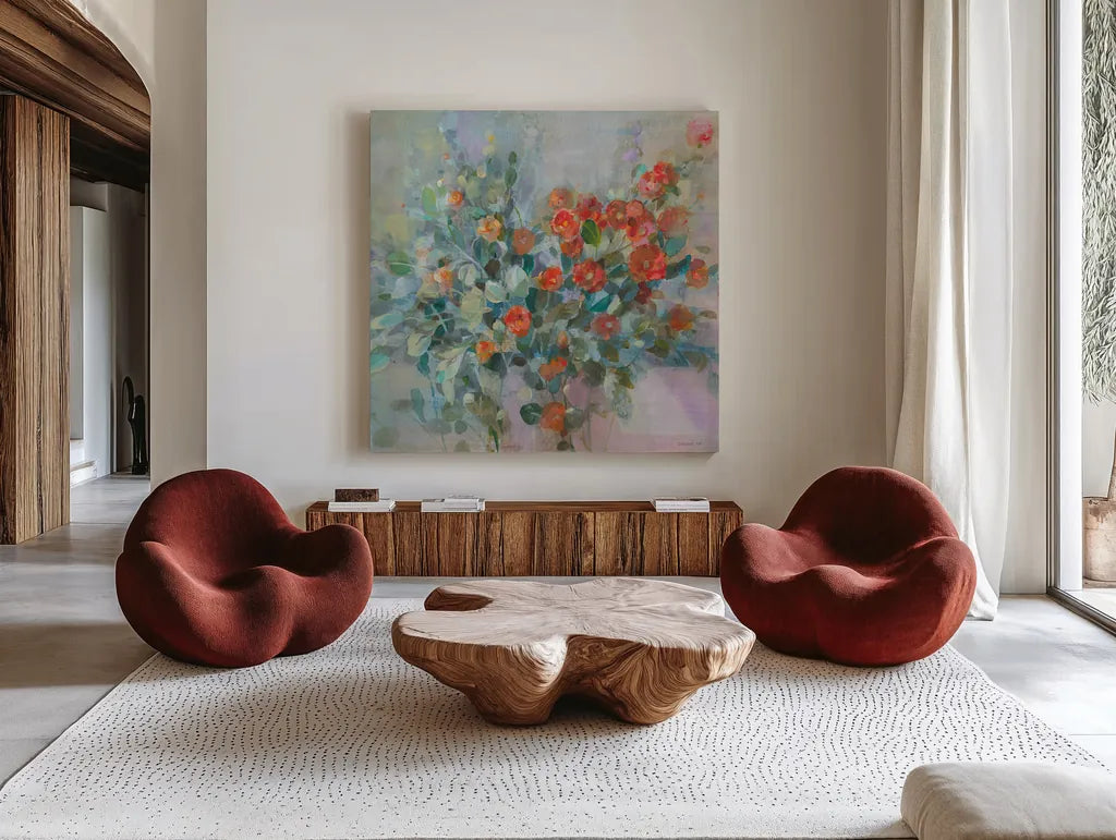 All the Blooming Crop by Danhui Nai. Shown as extra-large giant wall art in a modern living room. Available as an archival giclee rolled canvas, fine art paper, or poster print. SKU 65689a.