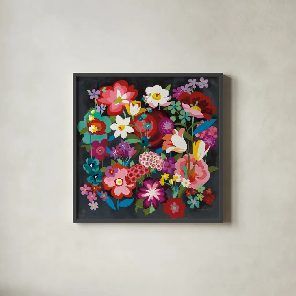 Alpine Florals by Danhui Nai. Shown in a sleek black glass frame for a contemporary gallery look. Available as an archival giclee rolled canvas, fine art paper, or poster print. SKU 31264a.