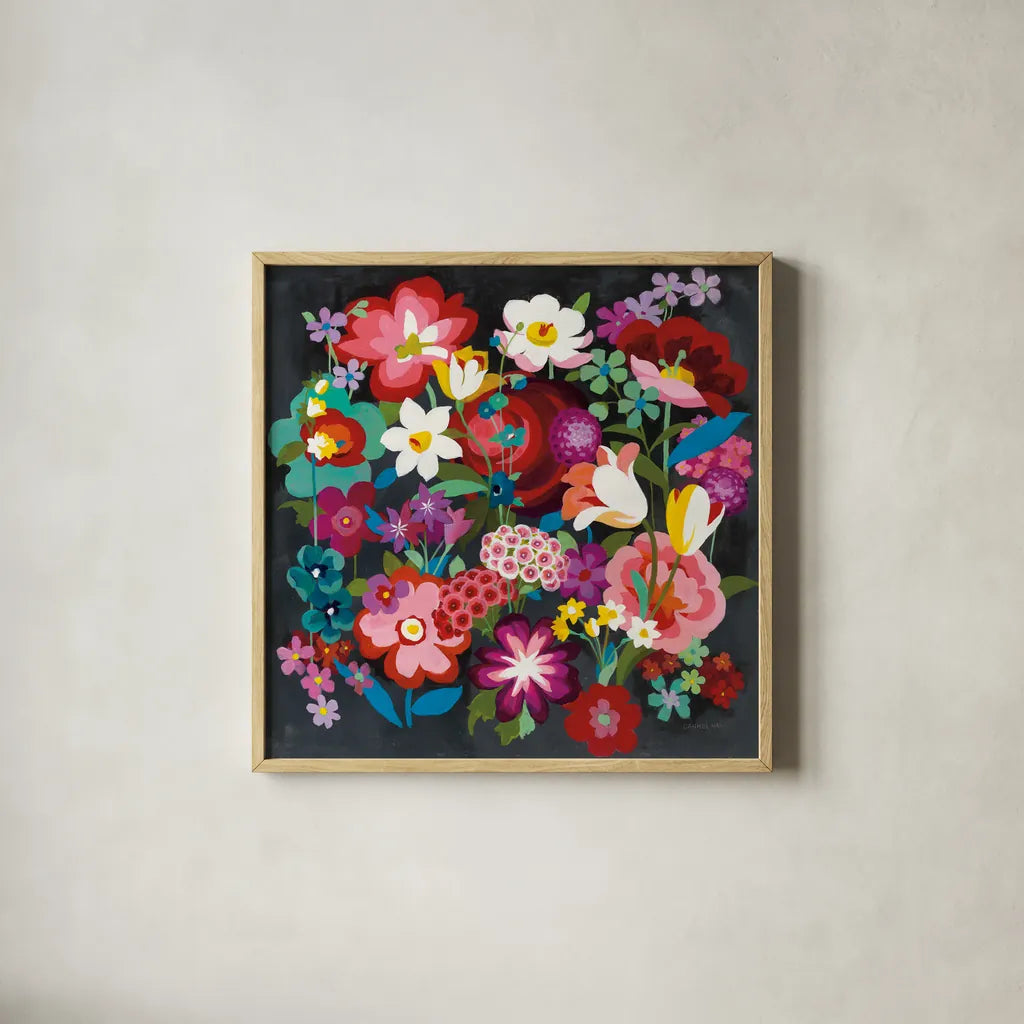Alpine Florals by Danhui Nai. Shown in a natural wood glass frame for a timeless modern aesthetic. Available as an archival giclee rolled canvas, fine art paper, or poster print. SKU 31264a.