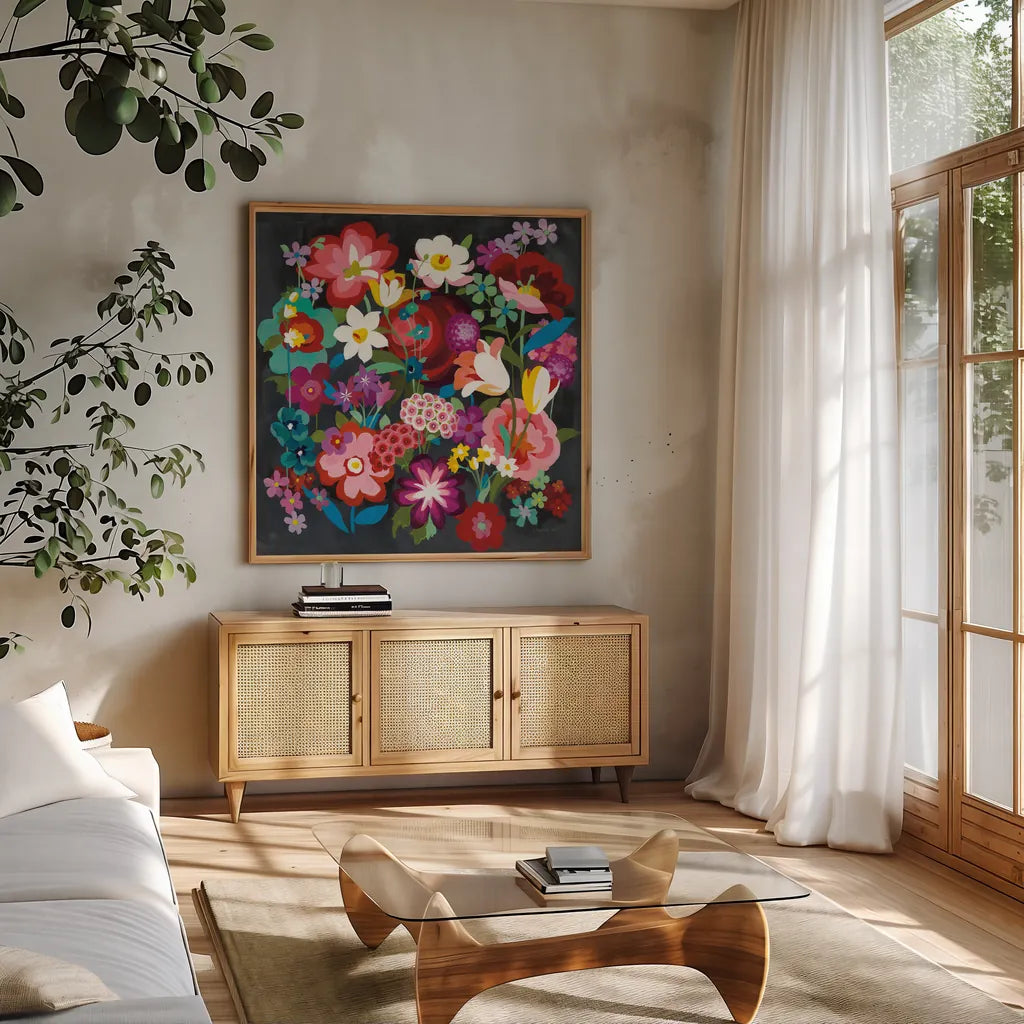 Alpine Florals by Danhui Nai. Shown in a natural wood frame in a cozy modern living room. Available as an archival giclee rolled canvas, fine art paper, or poster print. SKU 31264a.