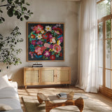 Alpine Florals by Danhui Nai. Shown in a natural wood frame in a cozy modern living room. Available as an archival giclee rolled canvas, fine art paper, or poster print. SKU 31264a.