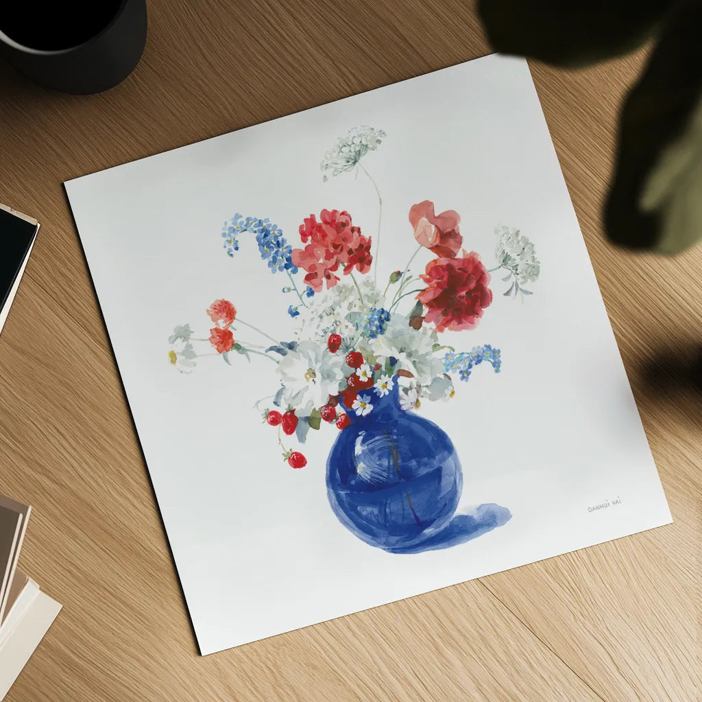 Americana Bouquet by Danhui Nai. Shown as a detailed flat fine art print, highlighting archival giclee quality. Available as an archival giclee rolled canvas, fine art paper, or poster print. SKU 85889a.