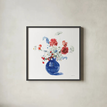 Americana Bouquet by Danhui Nai. Shown in a sleek black glass frame for a contemporary gallery look. Available as an archival giclee rolled canvas, fine art paper, or poster print. SKU 85889a.