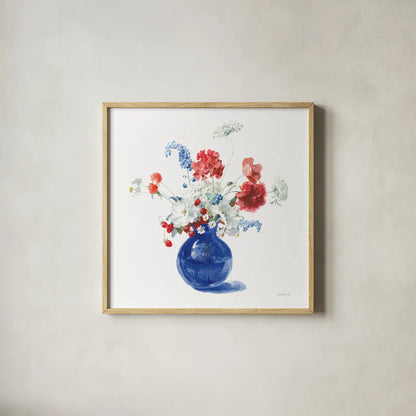 Americana Bouquet by Danhui Nai. Shown in a natural wood glass frame for a timeless modern aesthetic. Available as an archival giclee rolled canvas, fine art paper, or poster print. SKU 85889a.