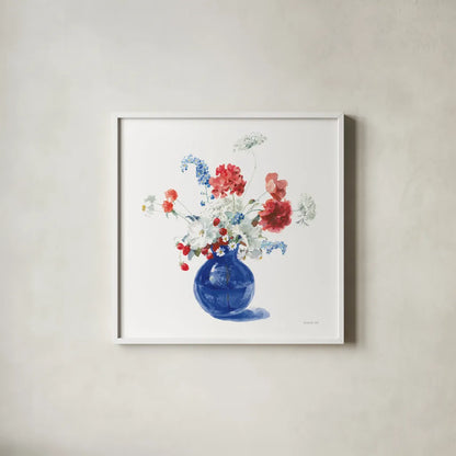 Americana Bouquet by Danhui Nai. Shown in a crisp white glass frame for a clean and minimalist style. Available as an archival giclee rolled canvas, fine art paper, or poster print. SKU 85889a.