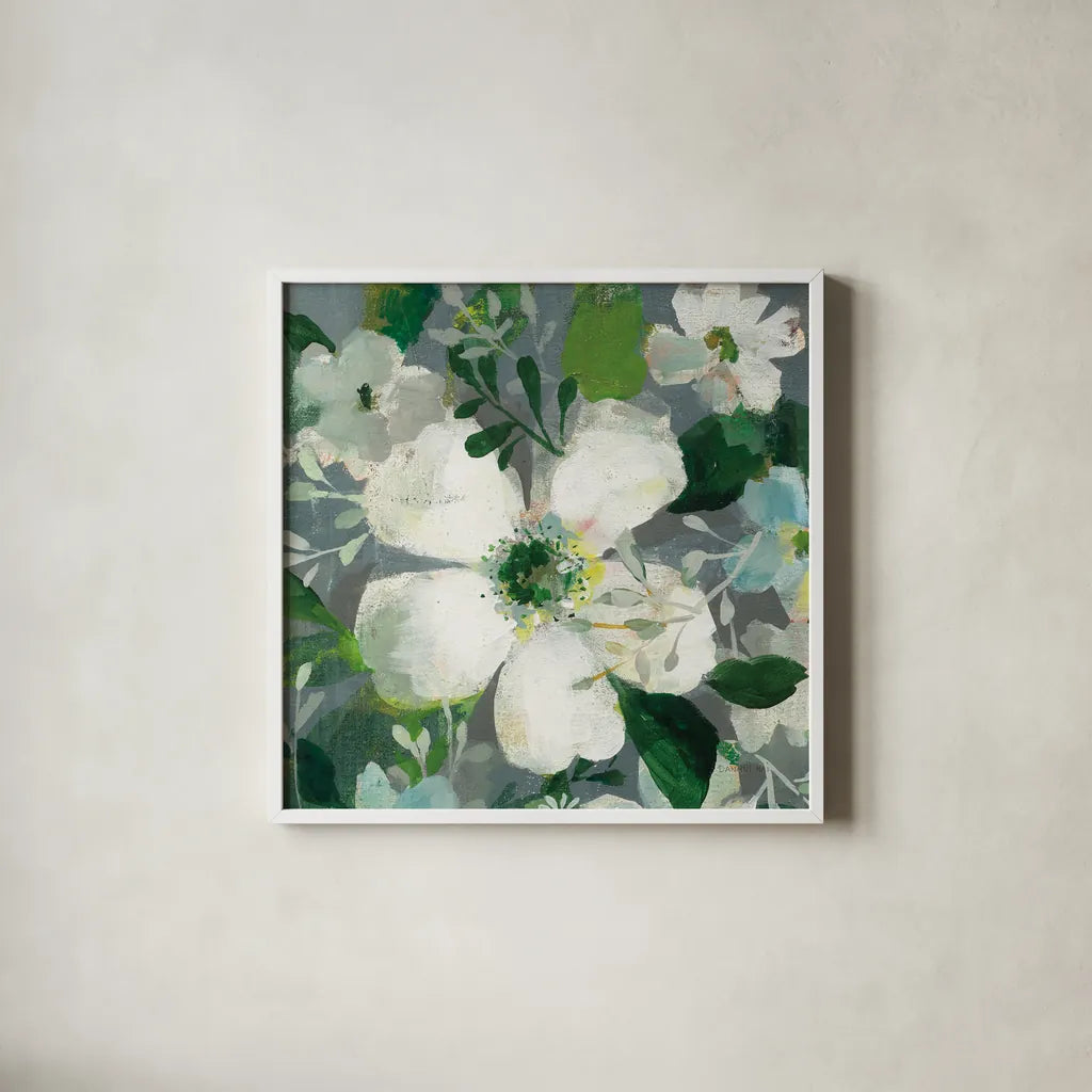 Anemone and Friends II by Danhui Nai. Shown in a crisp white glass frame for a clean and minimalist style. Available as an archival giclee rolled canvas, fine art paper, or poster print. SKU 54956a.