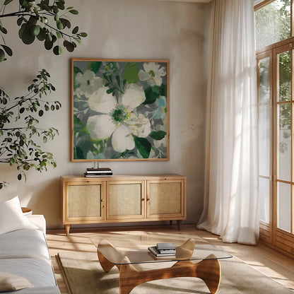 Anemone and Friends II by Danhui Nai. Shown in a natural wood frame in a cozy modern living room. Available as an archival giclee rolled canvas, fine art paper, or poster print. SKU 54956a.