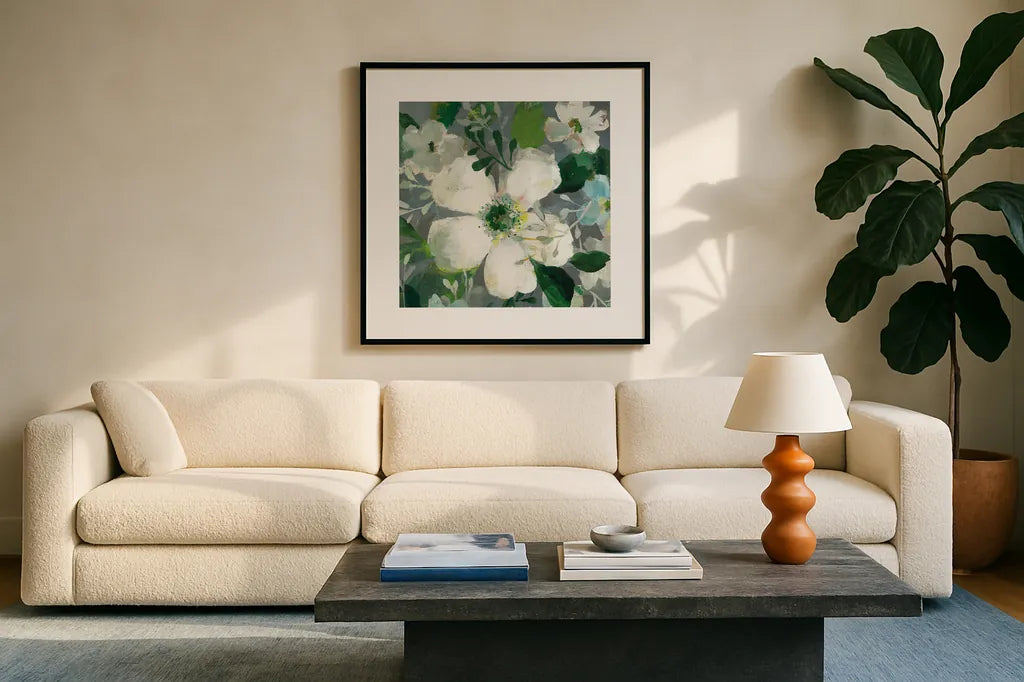 Anemone and Friends II by Danhui Nai. Displayed in a glass frame with matte in a clean modern living room. Available as an archival giclee rolled canvas, fine art paper, or poster print. SKU 54956a.