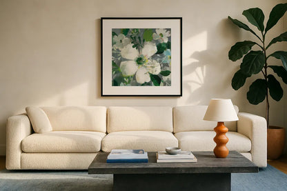 Anemone and Friends II by Danhui Nai. Displayed in a glass frame with matte in a clean modern living room. Available as an archival giclee rolled canvas, fine art paper, or poster print. SKU 54956a.