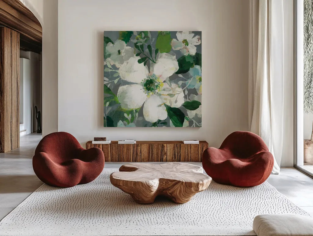 Anemone and Friends II by Danhui Nai. Shown as extra-large giant wall art in a modern living room. Available as an archival giclee rolled canvas, fine art paper, or poster print. SKU 54956a.