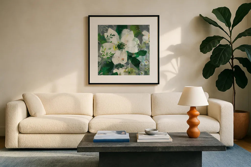 Anemone and Friends III by Danhui Nai. Displayed in a glass frame with matte in a clean modern living room. Available as an archival giclee rolled canvas, fine art paper, or poster print. SKU 54957a.