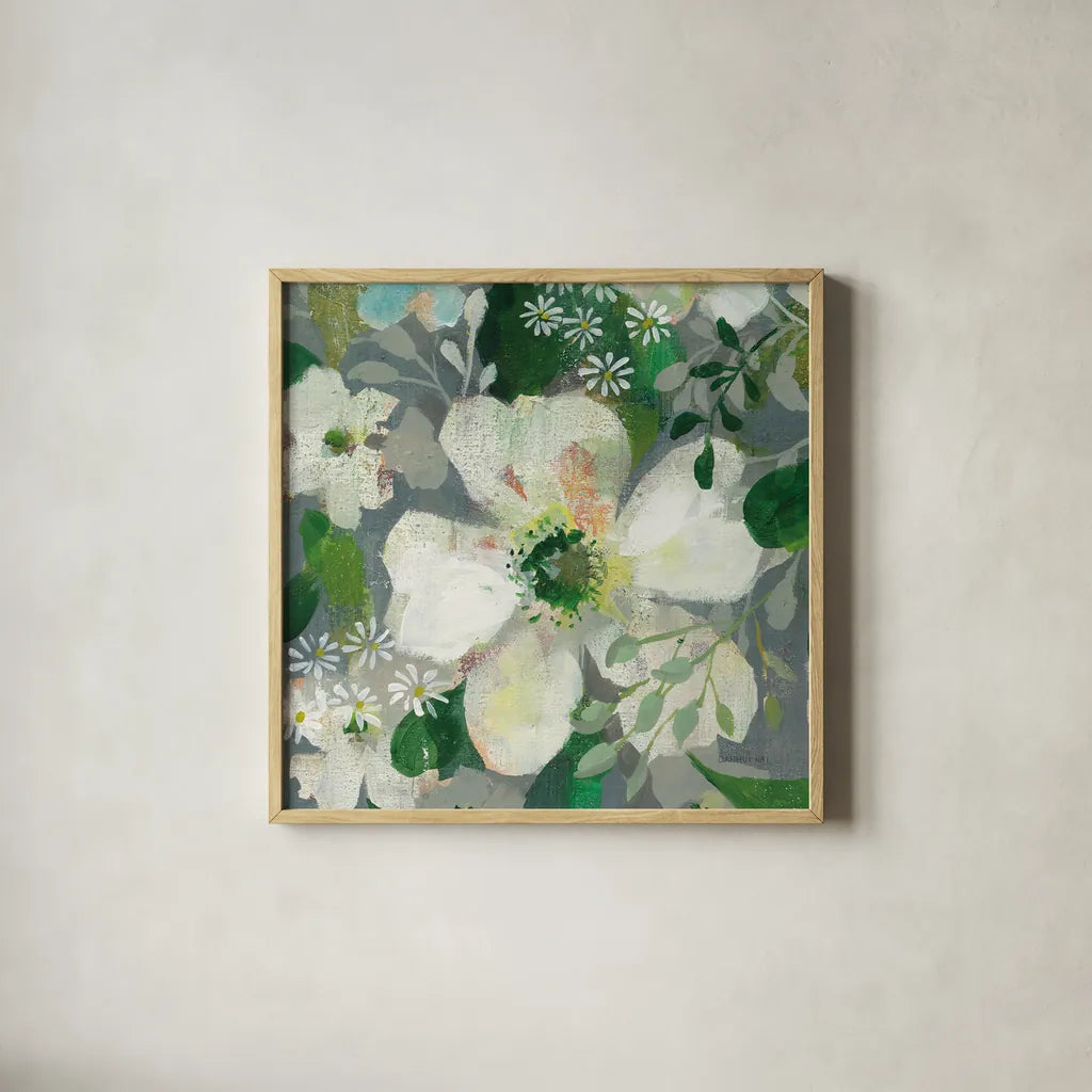Anemone and Friends IV by Danhui Nai. Shown in a natural wood glass frame for a timeless modern aesthetic. Available as an archival giclee rolled canvas, fine art paper, or poster print. SKU 54958a.